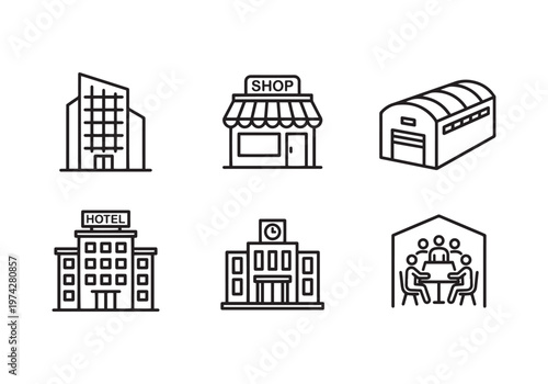 Collection of diverse building icons representing various commercial and public structures, including modern offices, retail shops, hotels, warehouses, educational institutions, and meeting