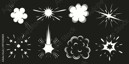 Comic book explosion effects in white against a dark background silhouette