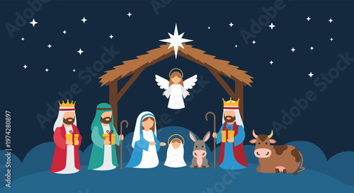 Christmas nativity scene illustration with the holy family, three kings with gifts, and animals in a stable under a star.