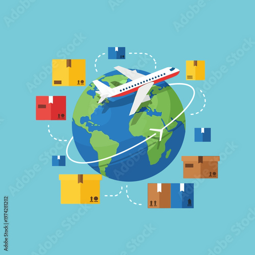 Global Shipping and Logistics: Airplane, Earth, and Cargo Boxes