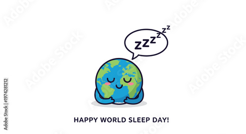 World sleep day illustration with a cute sleeping earth planet character and a zzzz speech bubble on a white background.