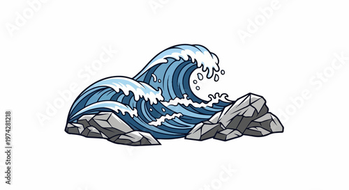 A stylized depiction of a large blue ocean wave crashing against grey rocks