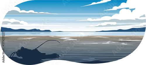 Fishing rod cast into calm water with distant mountains and clouds overhead