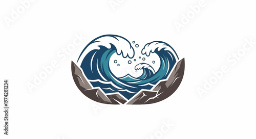 Stylized depiction of powerful ocean waves crashing against rocky shores