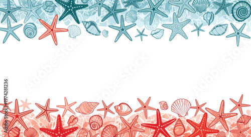 Marine themed border frame with a variety of colorful seashells and starfishes in blue and red tones for summer design.