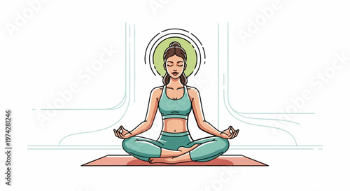 Woman meditating peacefully in lotus pose on a mat, calm aura above her head
