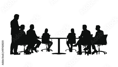 Corporate team members sit and stand around a meeting table, collaborating on a project in silhouette style.