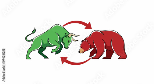 A green bull and a red bear face each other, with arrows indicating opposing movements