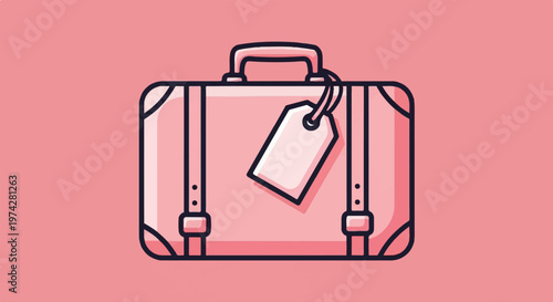 A simple pink suitcase with a tag hangs on a plain pink background