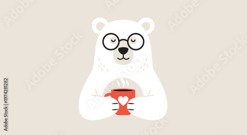 Cozy winter illustration of a cute polar bear wearing black glasses and holding a warm red mug with a heart symbol.