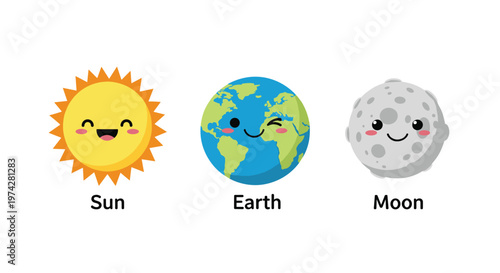 Cute cartoon illustration of the sun earth and moon with happy faces on a clean white background for kids education.