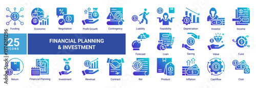 Financial planning icon set with 25 icons including investment,revenue,cashflow,forecast,and ROI.Ideal for business finance,presentation,UI,and infographic design.