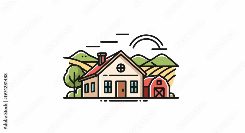 Fototapeta premium A stylized illustration of a rural home, barn, tree, and rolling hills under a playful sky