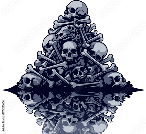 Pixelated pile of human skulls and bones, forming a dark pyramid with a reflective base