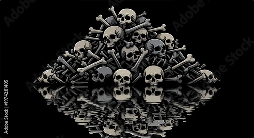 Pile of skulls and bones with reflection on dark background