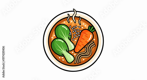 Wholesome bowl of steaming soup with bok choy, carrot, noodles, and sesame seeds