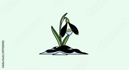 A single snowdrop flower pushes through melting snow in a stylized depiction