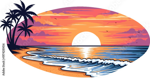 A pixel art sunset over a tropical beach with palm trees and waves