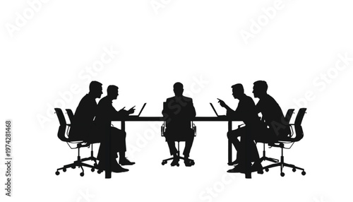 Business professionals silhouettes actively engage in a productive meeting around a table with laptops.