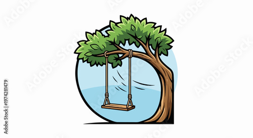 A cartoon-style illustration depicts a wooden swing hanging from a tree branch
