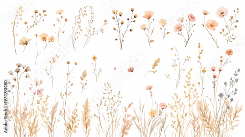 Hand drawn floral wreath with subtle colors and fine details creating a soft and charming artistic border.