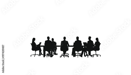 Business professionals silhouettes are seated around a long conference table, engaged in a productive.