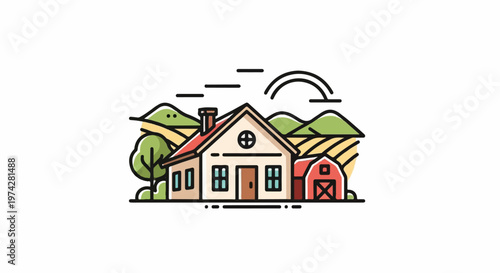 A stylized illustration of a rural home, barn, tree, and rolling hills under a playful sky