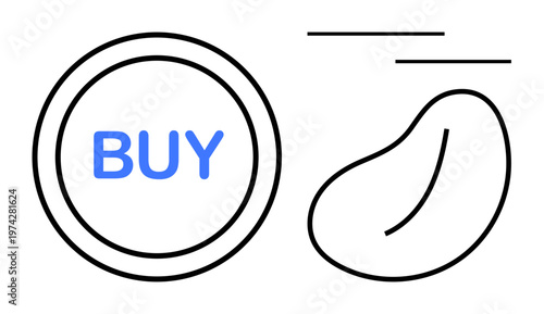 E-commerce, shopping interface, digital marketing, user interaction, abstract design, minimalism. A circular button with Buy text and a bean-thumbs up shape with dynamic lines. E-commerce