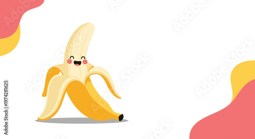 Happy cartoon banana character peeling its skin and smiling with a cute face on a white background with abstract shapes.