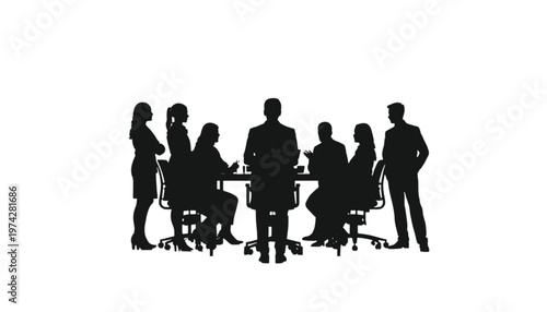 A large group of business professionals attend a significant corporate meeting or team brainstorming session.