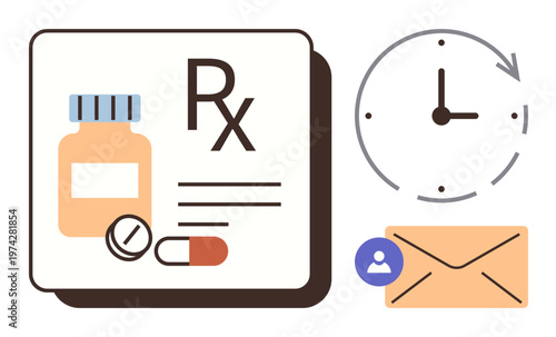 Healthcare, pharmacy, time management, online prescription services, communication, medication schedule. Medicine bottle with pills, clock and an envelope icon. Healthcare and pharmacy theme