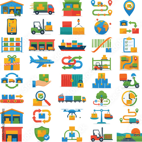 A modern and vibrant set of logistics and delivery icons featuring shipping, transportation, warehouse, and supply chain concepts. Designed in colorful flat style, perfect for e-commerce