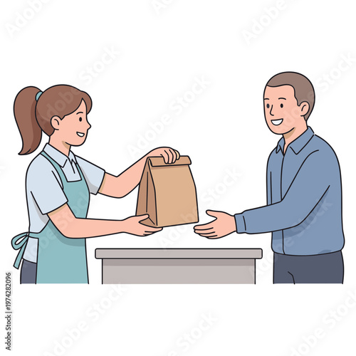 Woman handing a paper bag to a man at a counter indoors