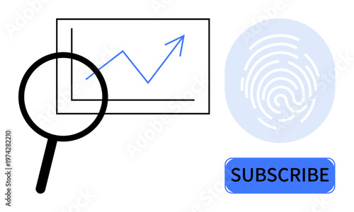 Data visualization, analytics, subscription growth, digital identity, security, user engagement. A magnifying glass focusing on a graph with a fingerprint and subscribe button. Data visualization