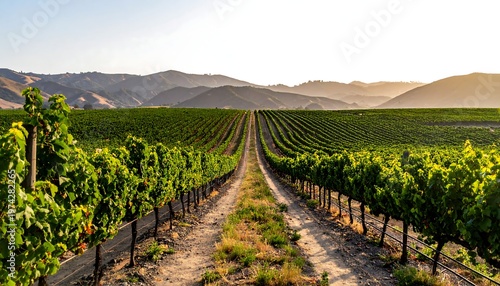 Expansive vineyard rows stretch towards distant mountains under a warm sun. Green leaves and a dirt path guide the eye