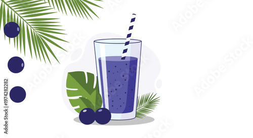 Purple acai smoothie in a tall glass with a straw surrounded by fresh berries and tropical palm leaves for health.