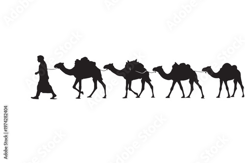 Camel caravan silhouette with bedouin leader, desert trade expedition vector, walking dromedary animals in line, middle eastern travel illustration