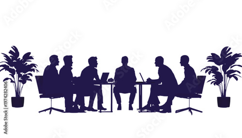Seven business people silhouettes are seated around a conference table with potted plants on a white.