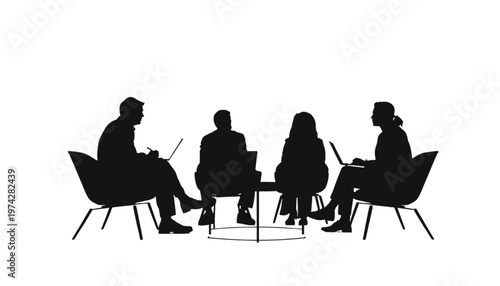 Professionals in modern office chairs convene around a low table, engaging in an informal discussion with.