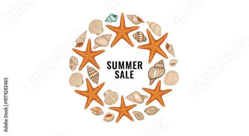 Summer sale advertisement featuring a circular wreath made of colorful seashells and starfish on a white background.