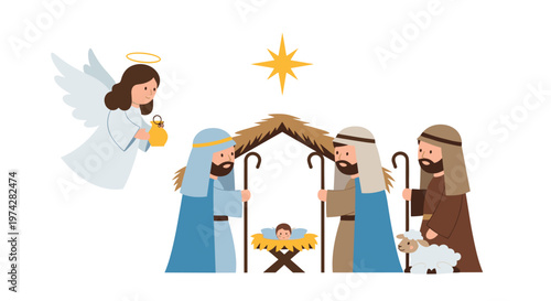 Traditional Christmas nativity scene with the three wise men visiting baby Jesus in the manger with an angel watching.