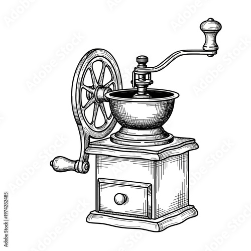 Vintage Manual Coffee Grinder with Drawer and Crank Handle