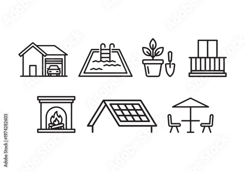 Collection of Modern Home Exterior and Outdoor Living Icons: Garage, Swimming Pool, Potted Plant, Balcony, Fireplace, Solar Panel, and Patio Furniture Set