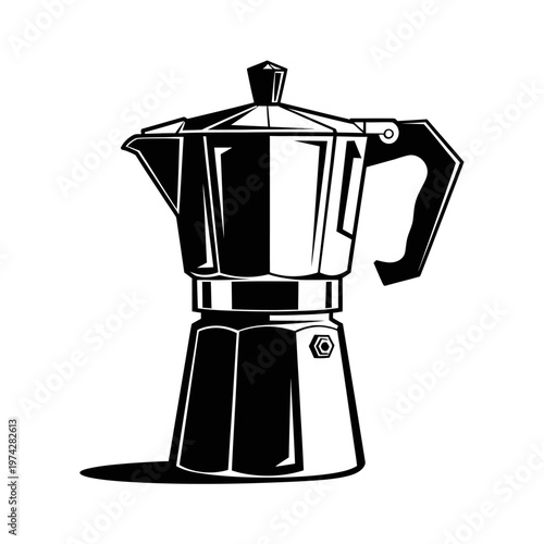 Classic Moka Pot Coffee Maker, Black and White Illustration, Italian Espresso Machine