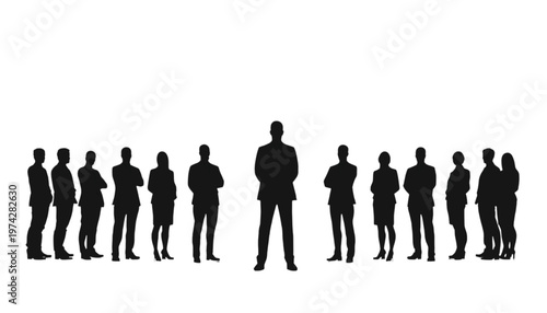 Business leader stands confidently before a diverse group of professional silhouettes on a clean white.