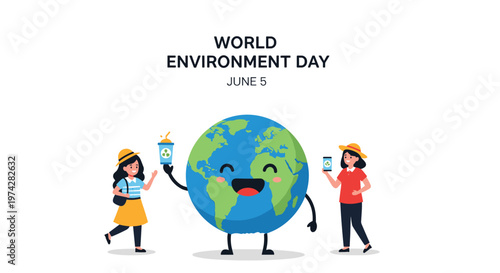 World Environment Day illustration with a happy globe character and children promoting recycling and eco friendly living.