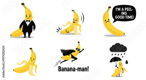 Collection of cheerful banana characters depicting different emotions and scenarios, from formal to superhero. humorous fruit personifications with expressive faces, playful design.