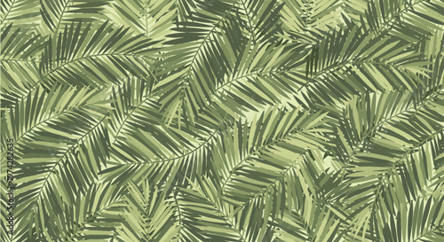 Tropical seamless pattern of green palm leaves and fronds creating a lush jungle foliage background for summer.