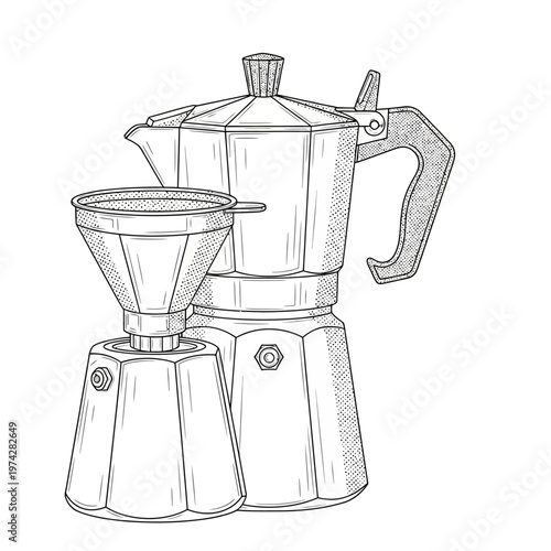 Espresso Maker and Pour Over Coffee Dripper Set, Vintage Line Art Illustration