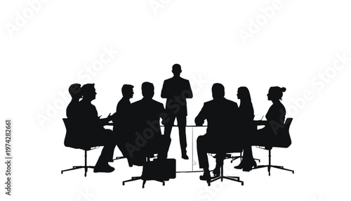 Business colleagues silhouettes participate in a dynamic meeting, listening to a central leader's important.